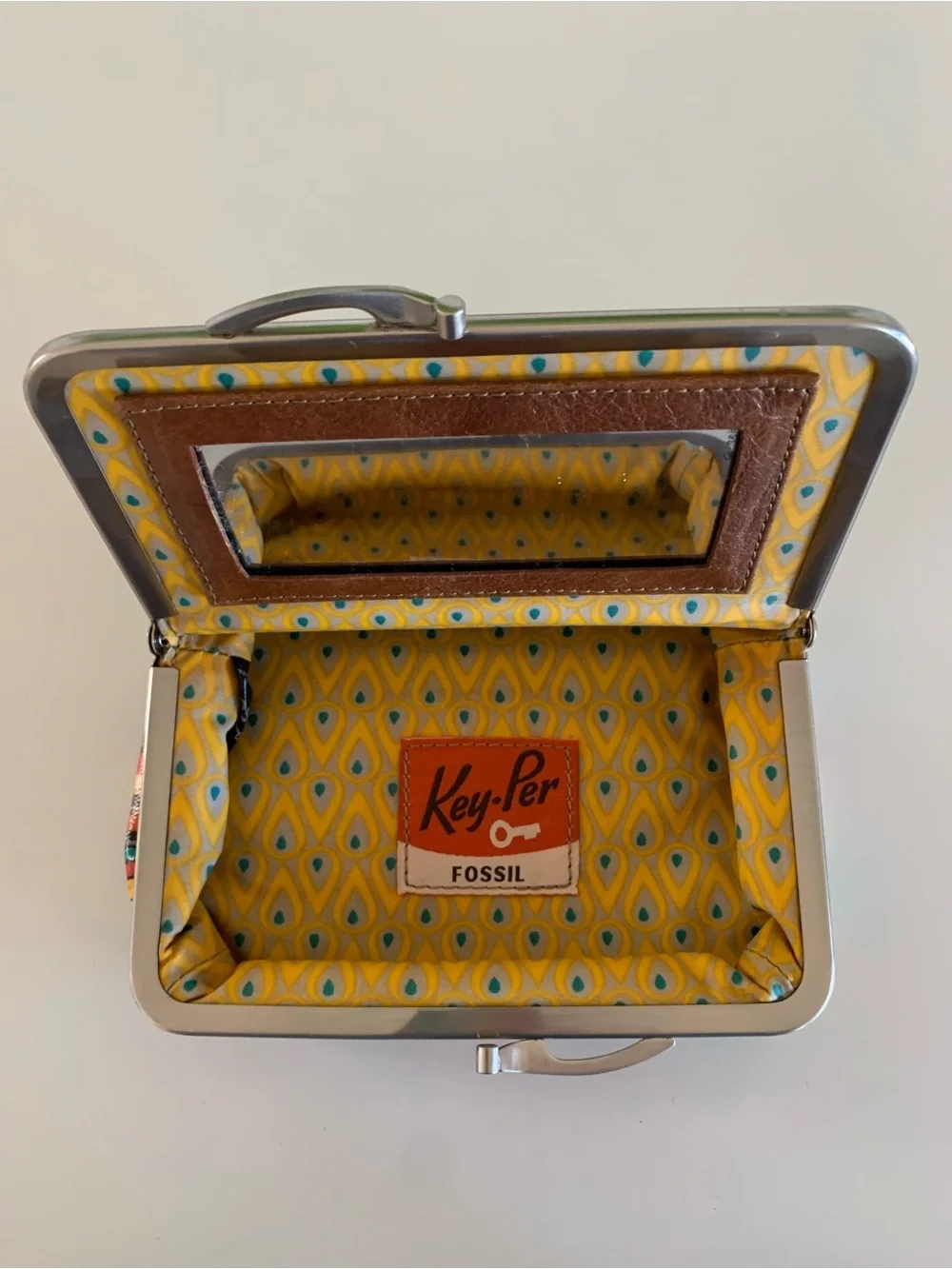 Birds on Books Pattern Canvas Makeup Purse - Gray with Teal & Yellow Accents